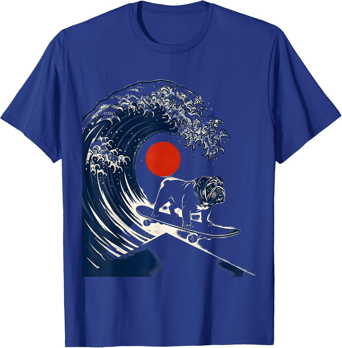 English Bulldog Japanese Kanagawa Wave Surfing Dog Breed T-Shirt - Royal Blue