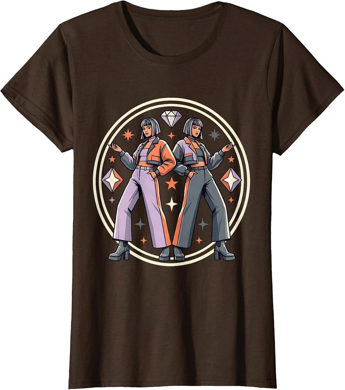 Women's K-Pop Duo Crop Jacket Matching Fits Graphic T-Shirt - Brown
