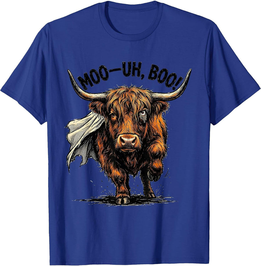 Moo—Uh, Boo! Comic Book Highland Cow Halloween Humor T-Shirt - Royal Blue