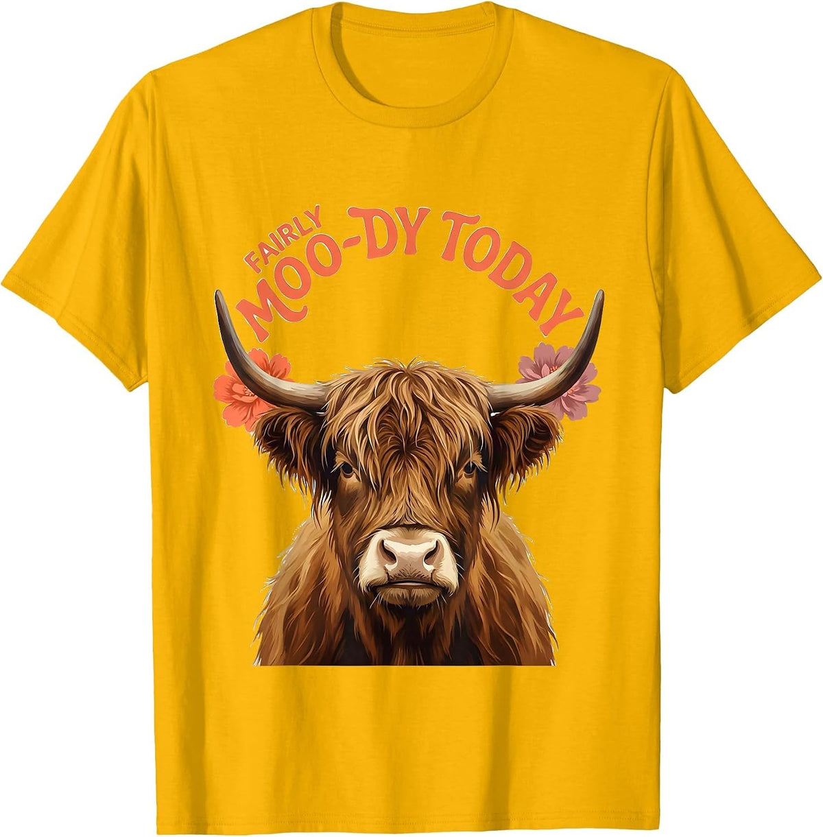 Men's Fairly Moo-dy Today Funny Highland Cow Floral Humor T-Shirt - Golden Yellow
