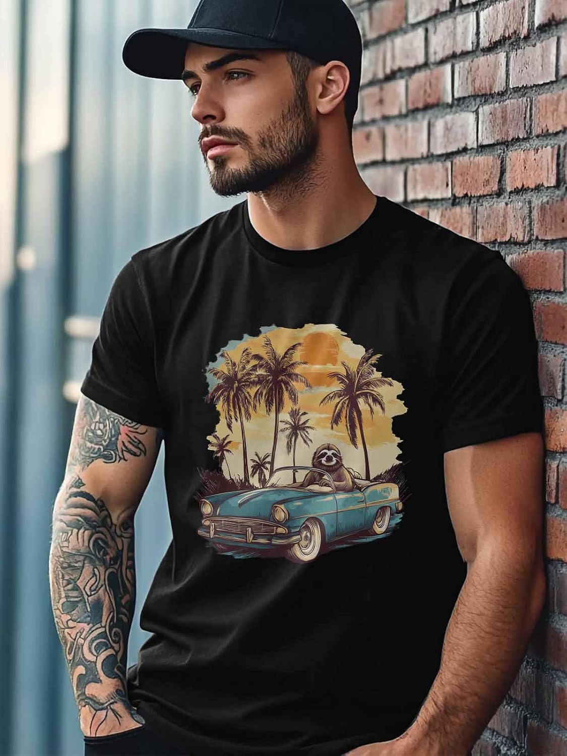 Men's T-Shirt Sloths with A Convertible Graphic Tees Cotton Crew Neck Men's Short Sleeve Basic Tshirts M - size chart