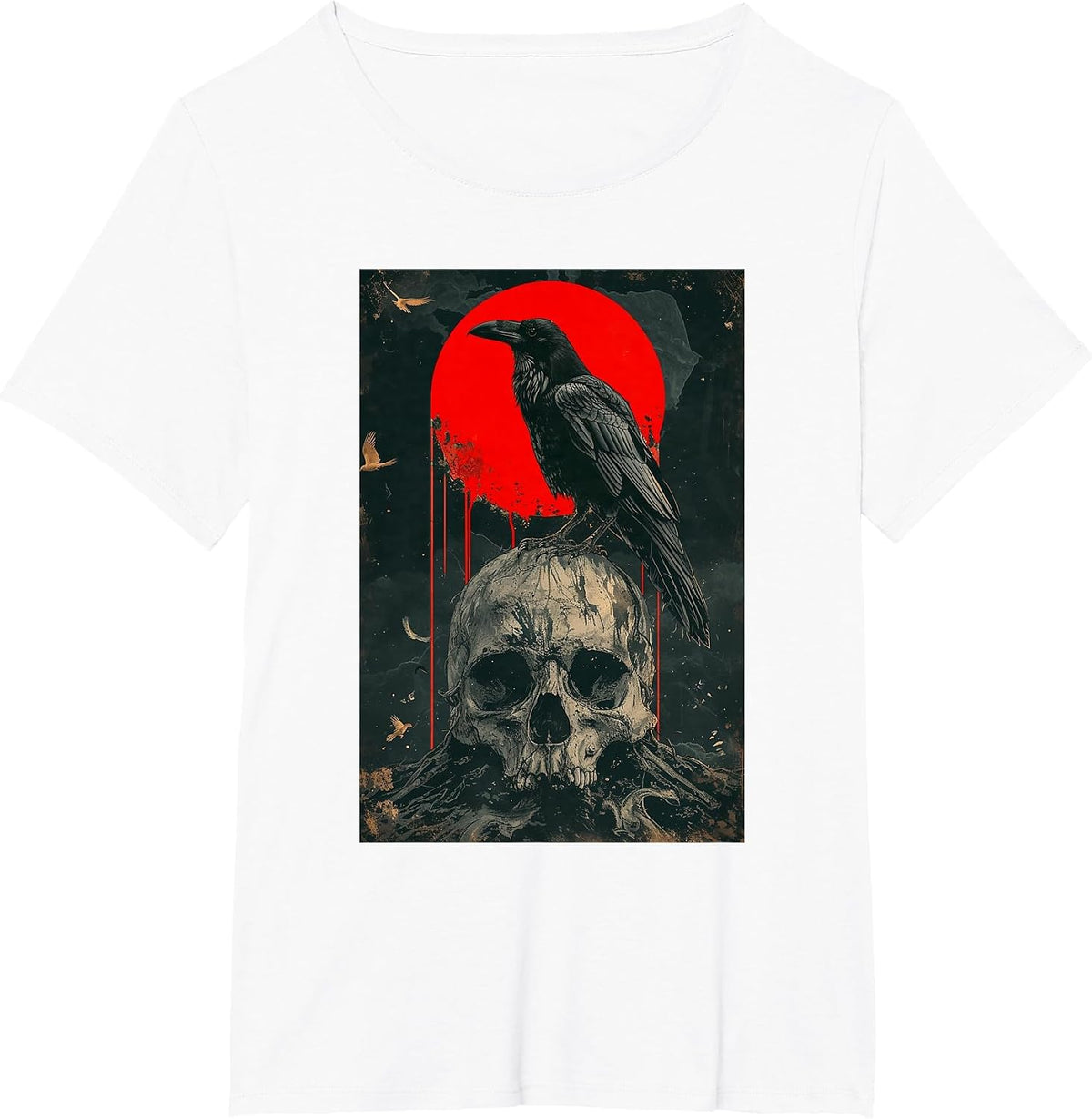 Red Moon Black Gothic Raven Graphic Skull Black Crow T-Shirt - White