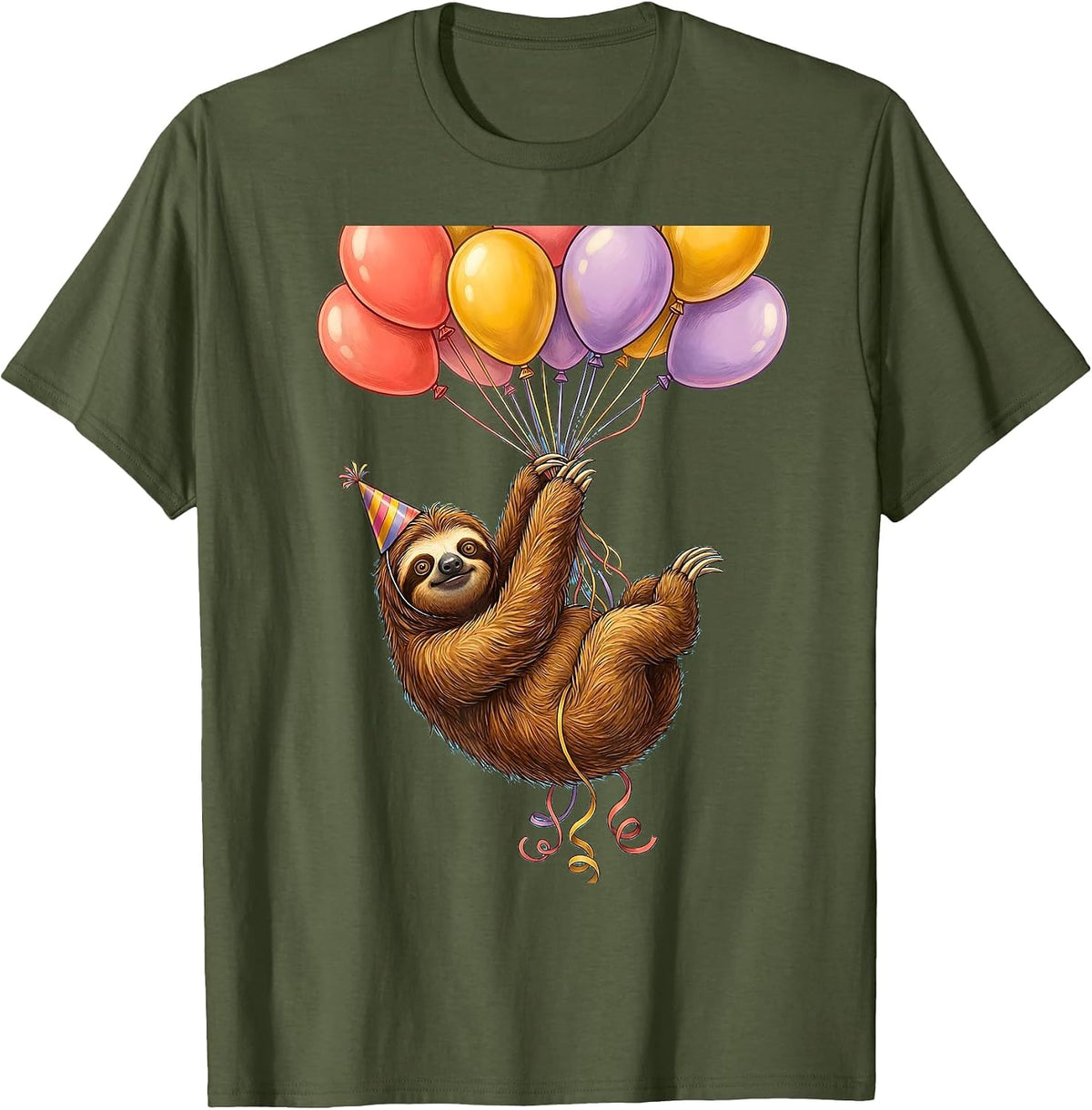 Sloth Birthday Balloon Funny Birthday Gift T-Shirt - Olive Green