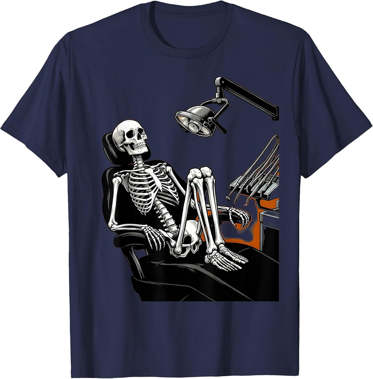 Nervous Skeleton at the Dentist Funny Halloween T-Shirt - Navy Blue