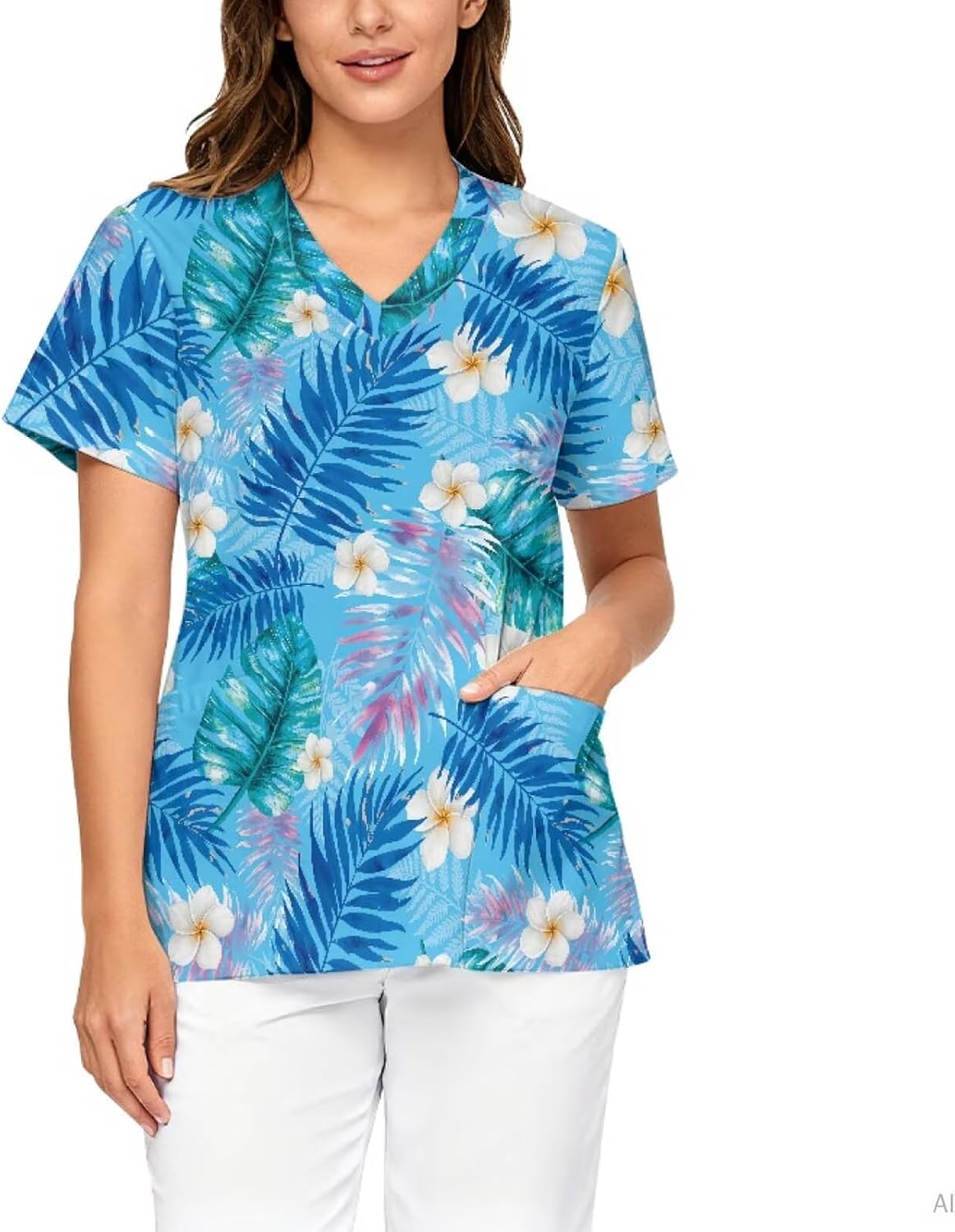 Women Scrub Tops,Short Sleeve V-Neck Medical Nursing Uniforms - Tropical Palm Leaf Print