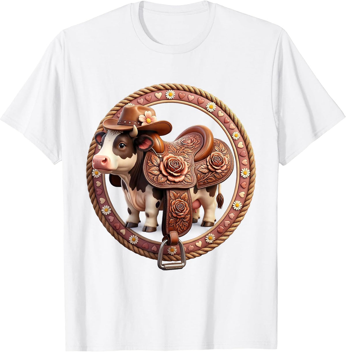 Floral Tooled Leather Saddle Cowgirl Design T-Shirt - White