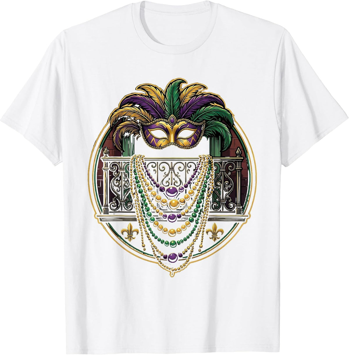 Men's Mardi Gras Bourbon Street Balcony Beads Design T-Shirt - White