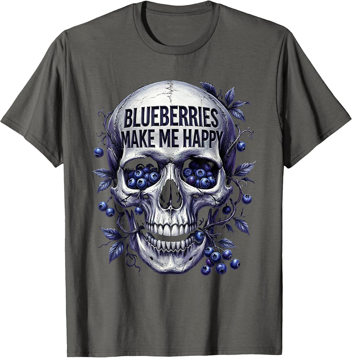 Blueberries Make Me Happy Red White and Blue Design T-Shirt - Asphalt Grey