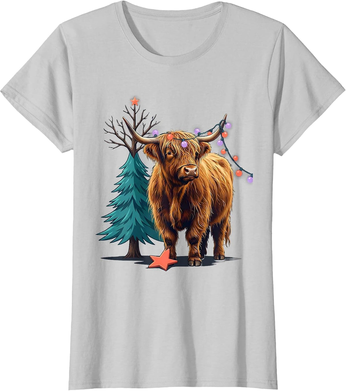 Women's Highland Cow Christmas Holiday Humor Funny Farm Animal T-Shirt - Silver Grey