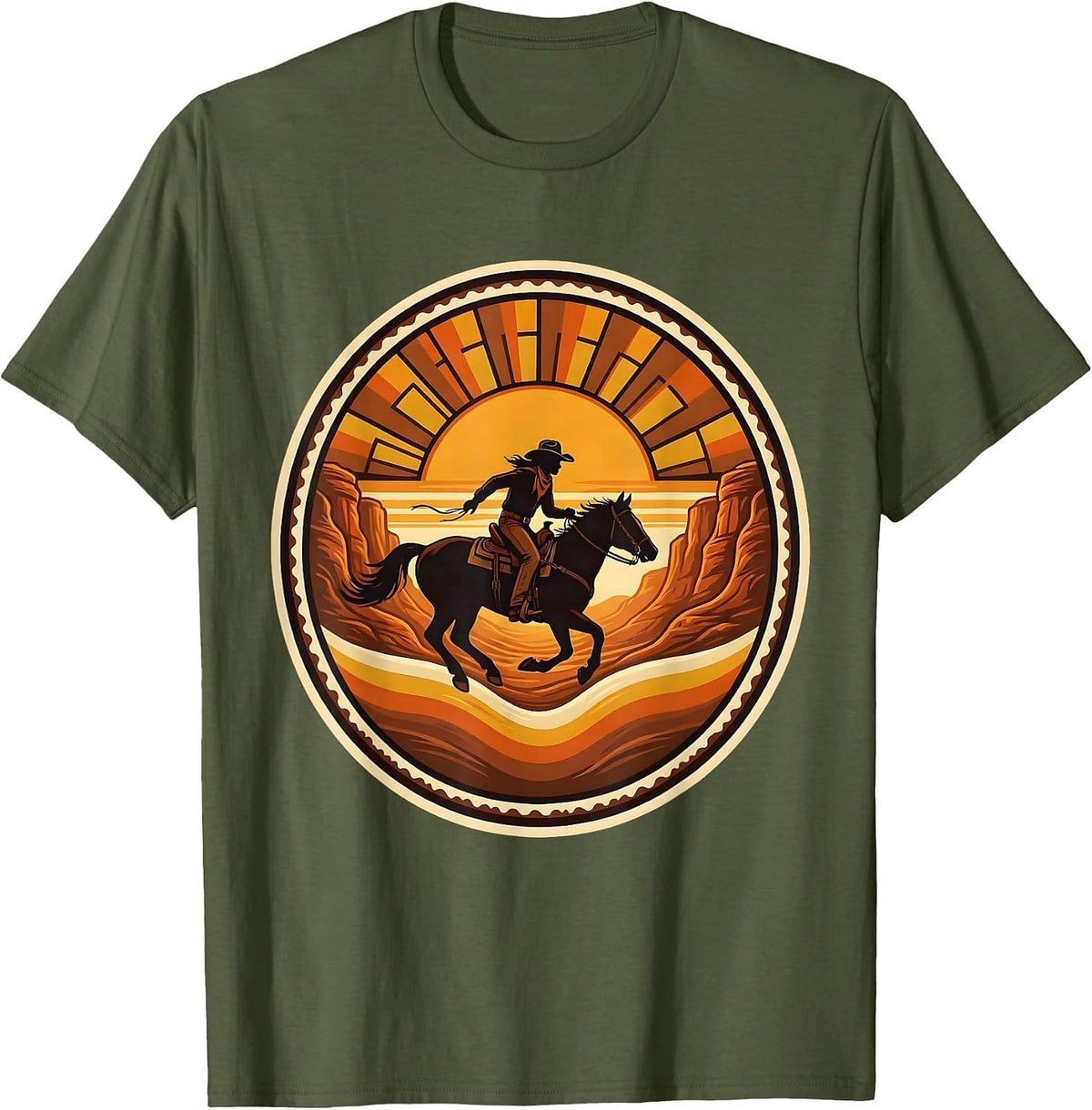Cowboy Rider Dusty Canyon Horse Illustration T-Shirt - Olive Green