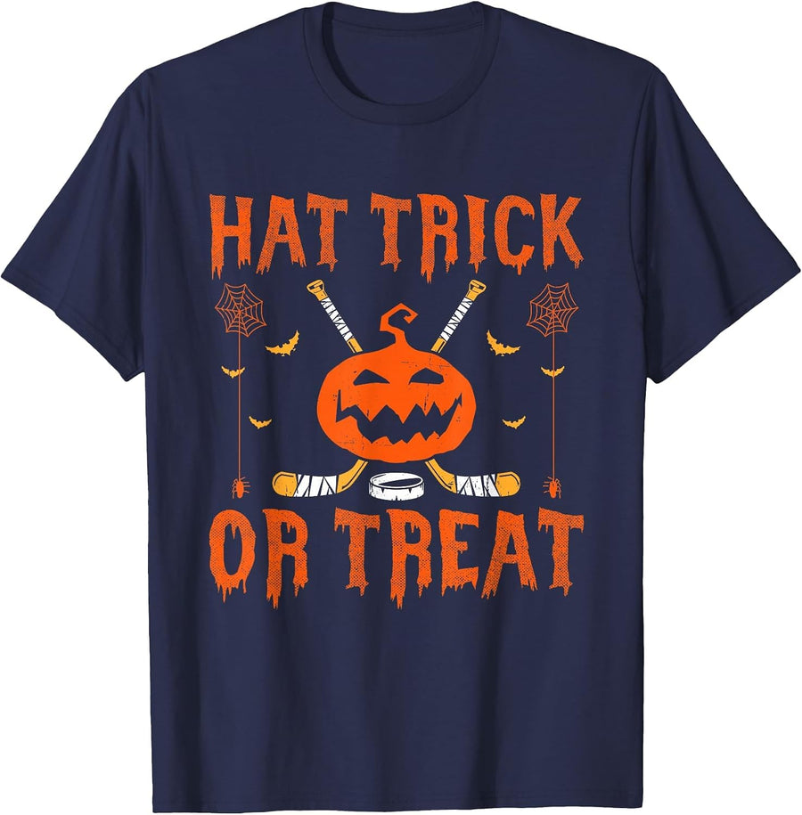 Hat Trick Or Treat Halloween Ice Hockey Player Coach Pumpkin T-Shirt - Navy Blue