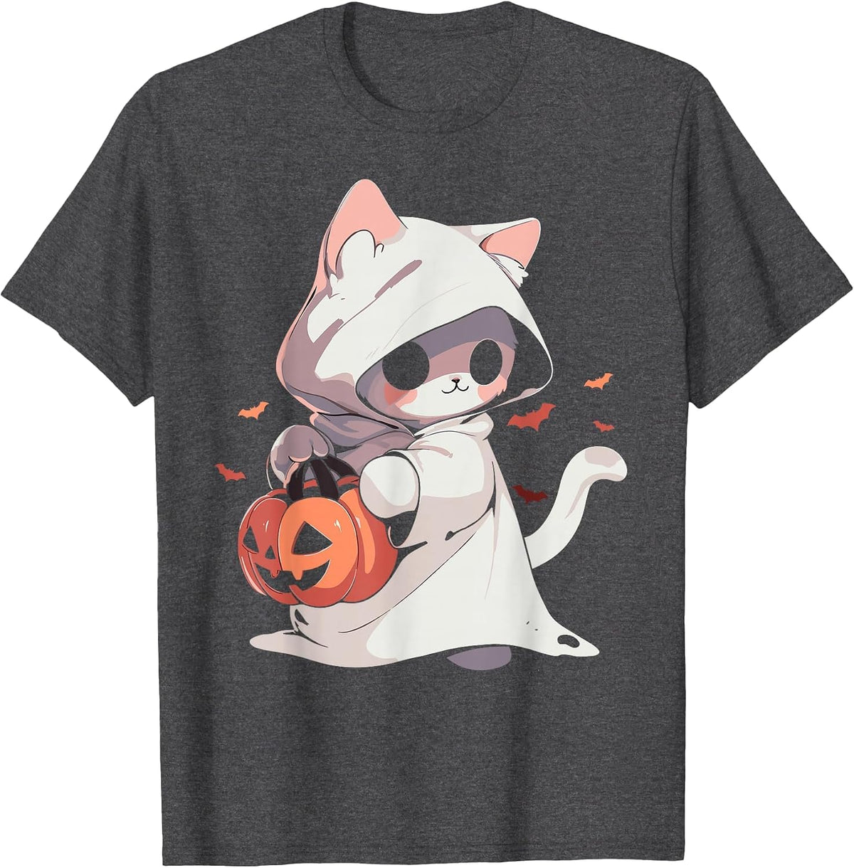 Cat Ghost Kawaii Neko Anime Halloween Costume Pumpkin Lover T-Shirt - Dark Heather Grey