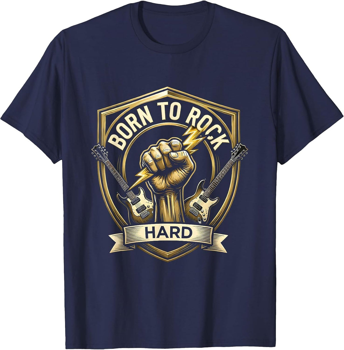 Born To Rock Hard Classic Rock Band Design T-Shirt - Navy Blue