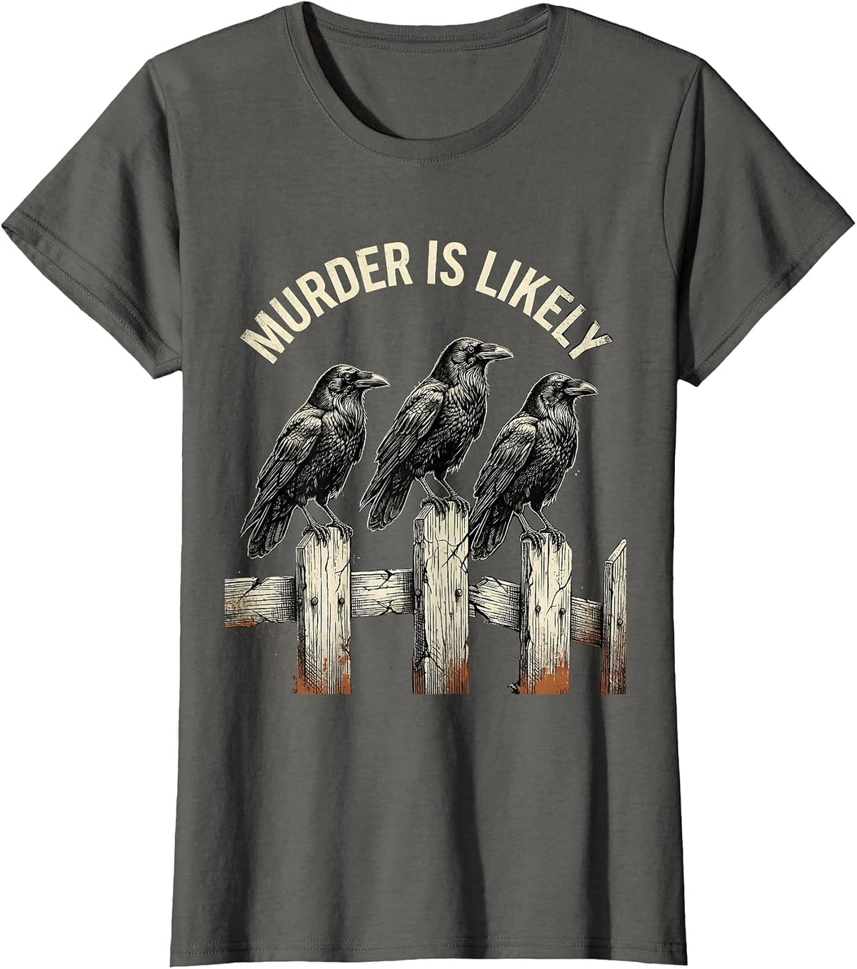 Women's Murder Is Likely Distressed Crow Raven Dark Humor Gothic T-Shirt - Asphalt Grey