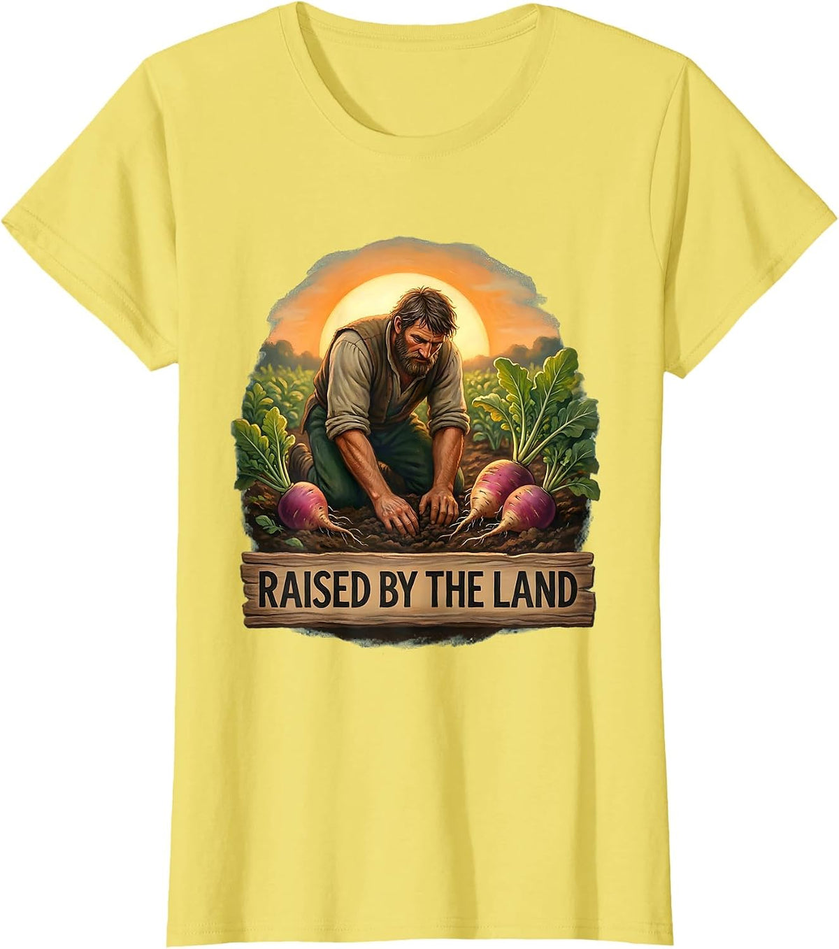 Raised by the Land Rustic Peasant Design T-Shirt - Lemon Yellow