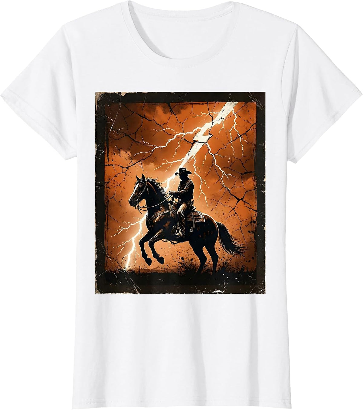 Women's Cowboy Riding Horse Through Lightning Storm T-Shirt - White