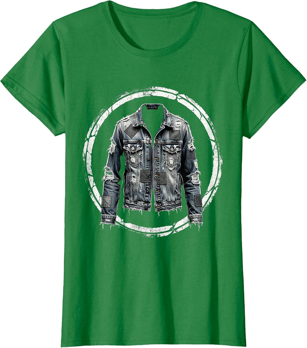 Women's Grunge Patched Denim Jacket Illustration T-Shirt - Kelly Green