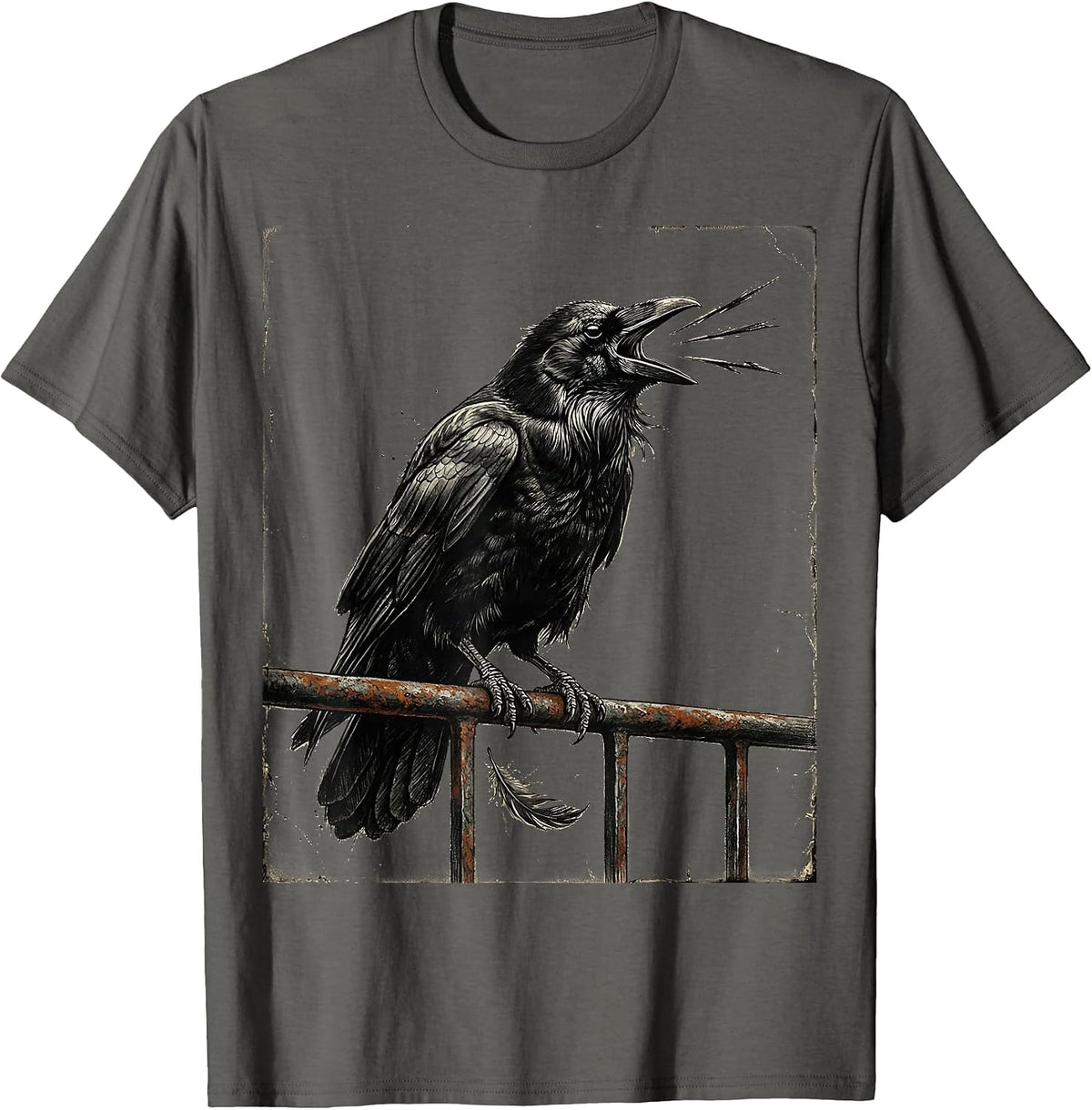 Men's Distressed Crow Feather Chaos Gothic Dark Humor T-Shirt - Asphalt Grey