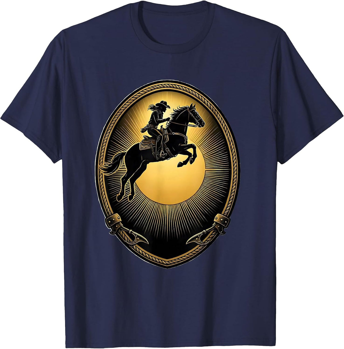 Cowgirl and Horse Jumping Over Setting Sun T-Shirt - Navy Blue