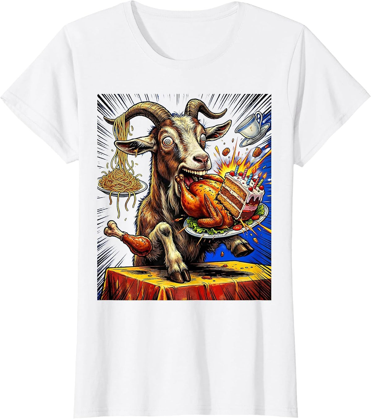 Funny Goat Eating Everything Off Dinner Table T-Shirt - White