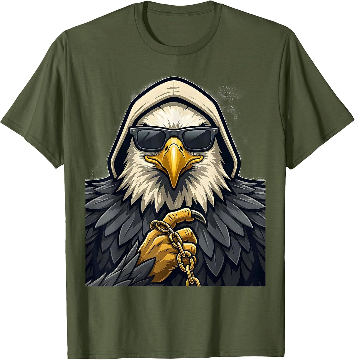 Bald Eagle Mascot Sunglasses Novelty Humor T-Shirt - Olive Green