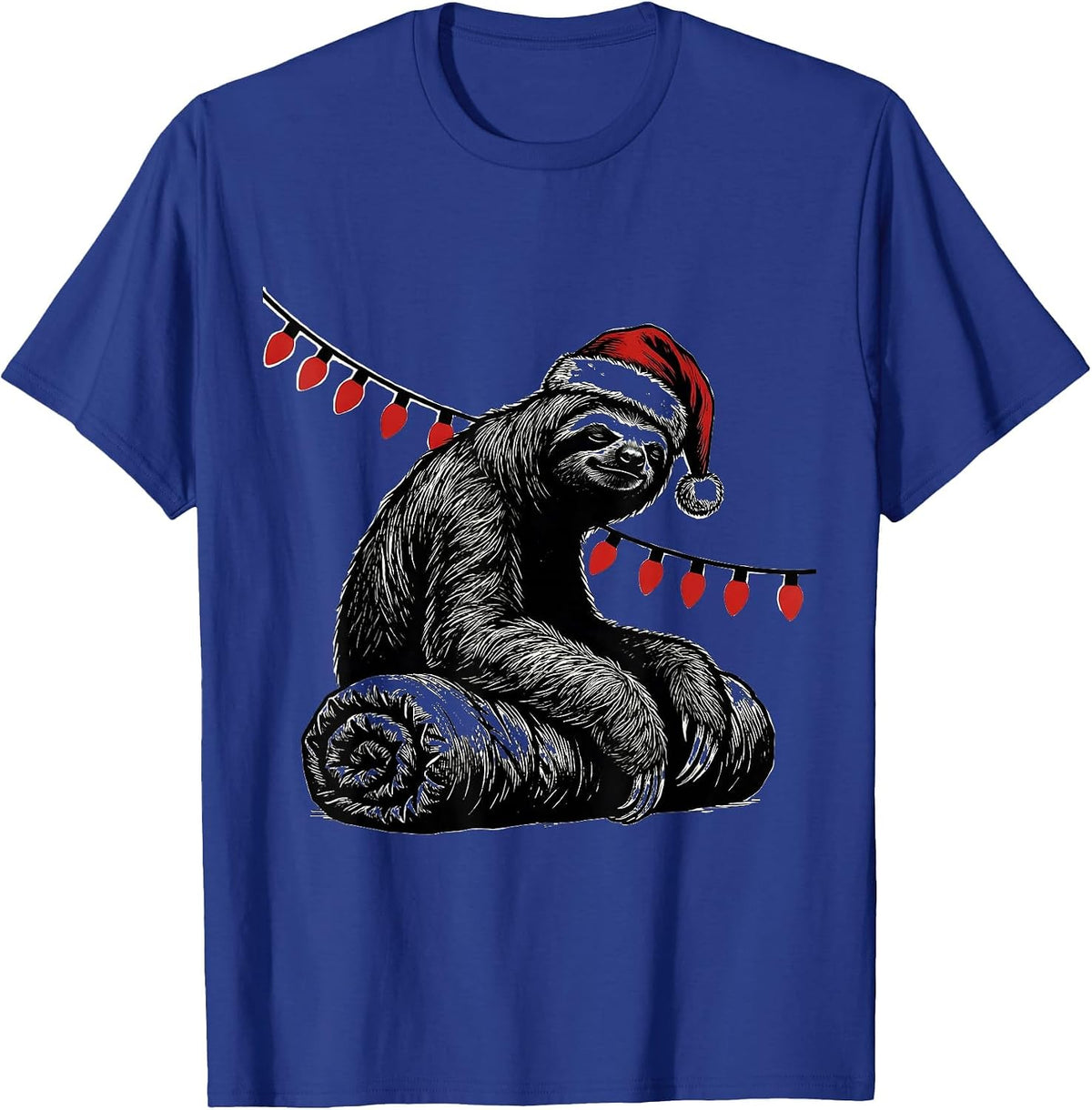 Men's Sloth Sleeping Bag Santa Hat Funny Christmas Lights T-Shirt - Royal Blue