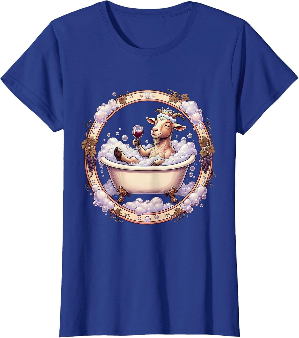 Women's Goat In Bath Bubbles Drinking Wine Funny T-Shirt - Royal Blue