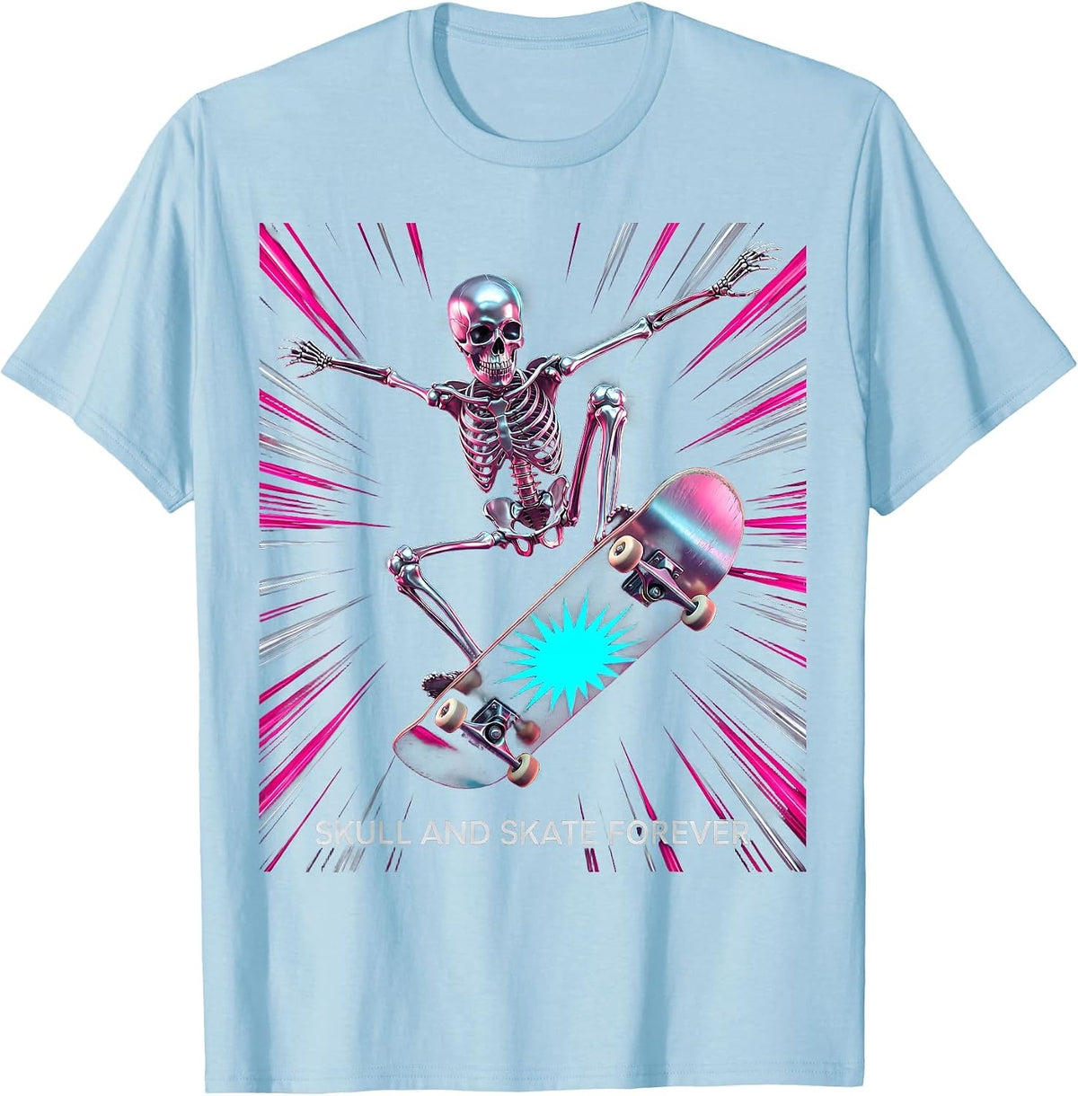 Men's Skull and Skate Forever Skeleton Skateboarding Design T-Shirt - Baby Blue