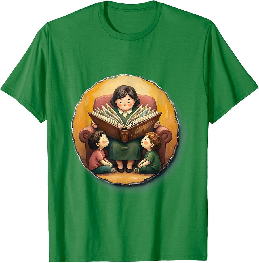 Men's Preschool Teacher Reading Circle Time Illustration T-Shirt - Kelly Green