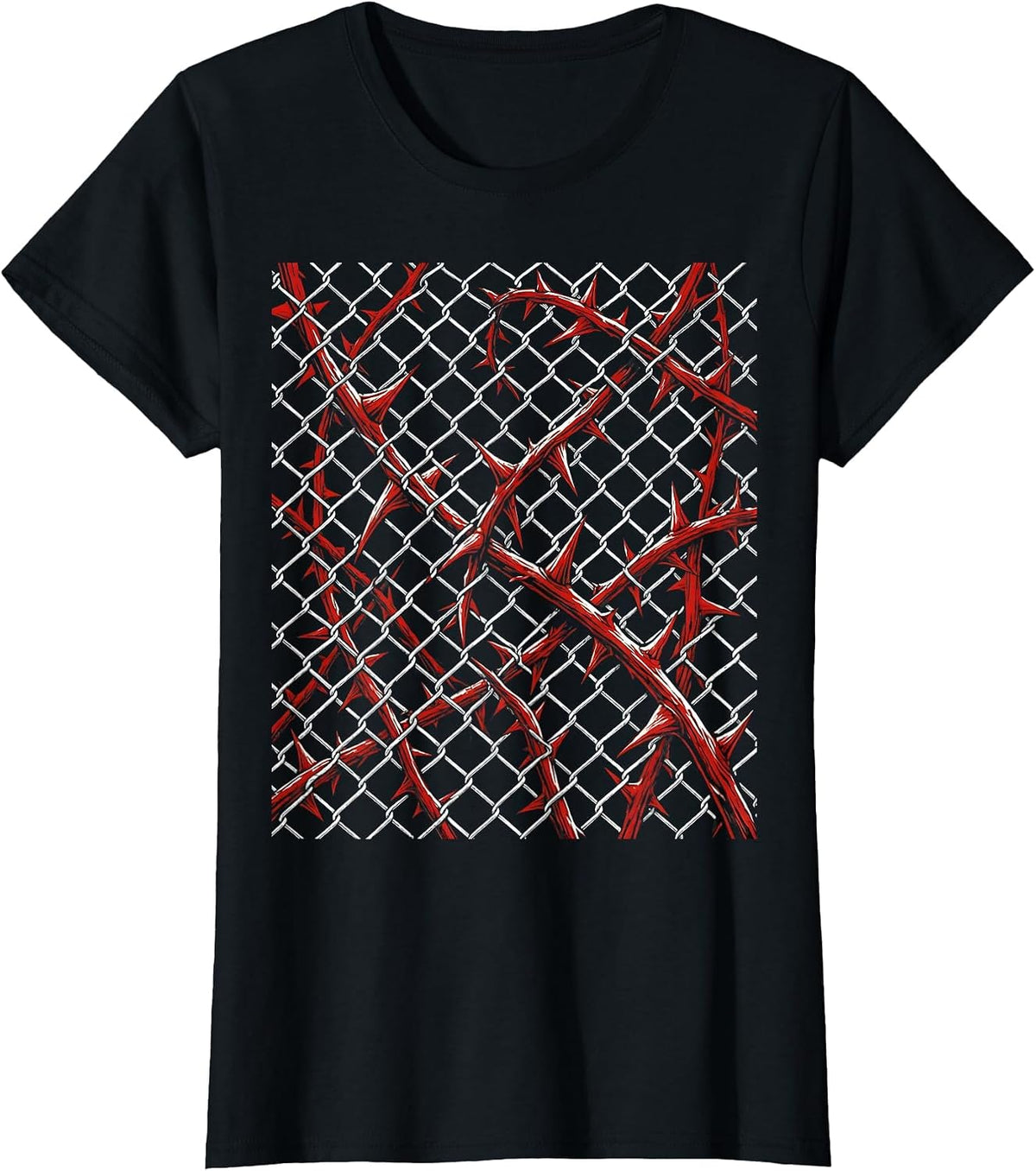 Chain-Link Fence Climbing Rose Thorns Streetwear T-Shirt - Black