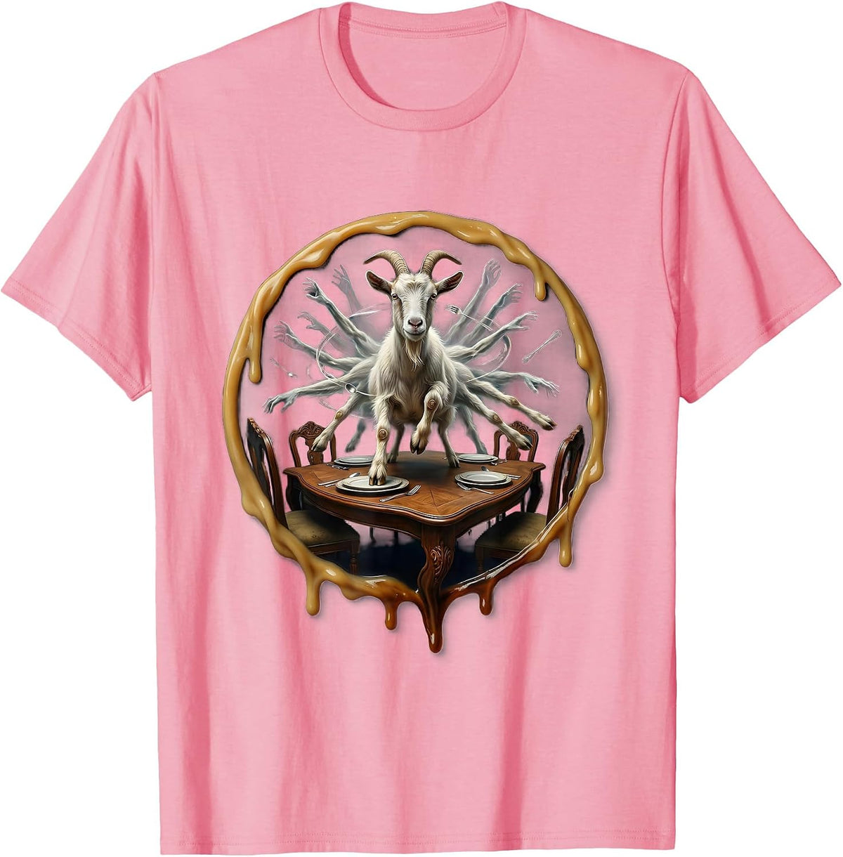 Unhinged Goat Dining Table Rampage Illustration T-Shirt - Pink