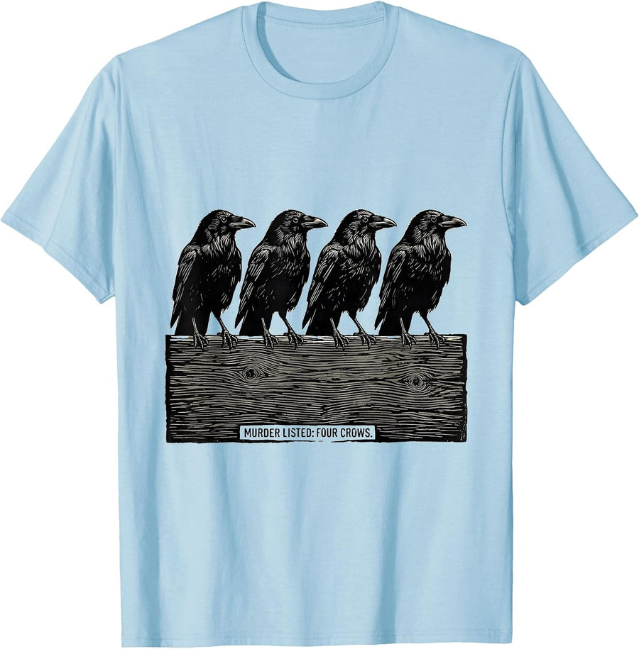 Men's Murder Listed Four Crows Linocut Dark Humor Gothic Bird T-Shirt - Baby Blue