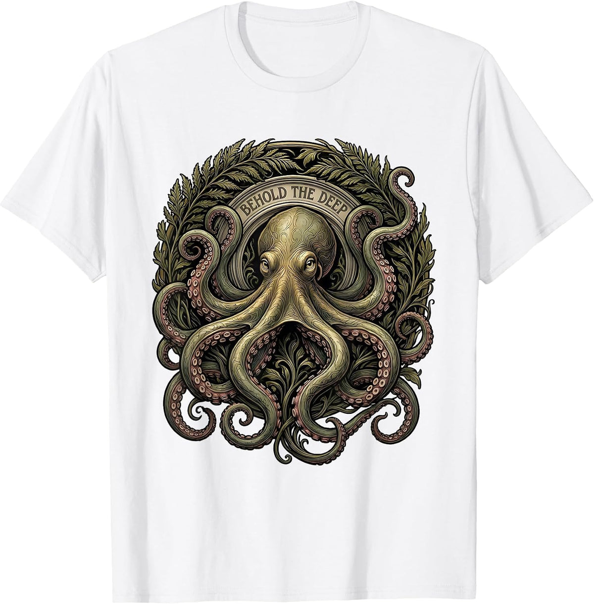 Men's Behold The Deep Art Nouveau Octopus Ocean Creature Lover T-Shirt - White