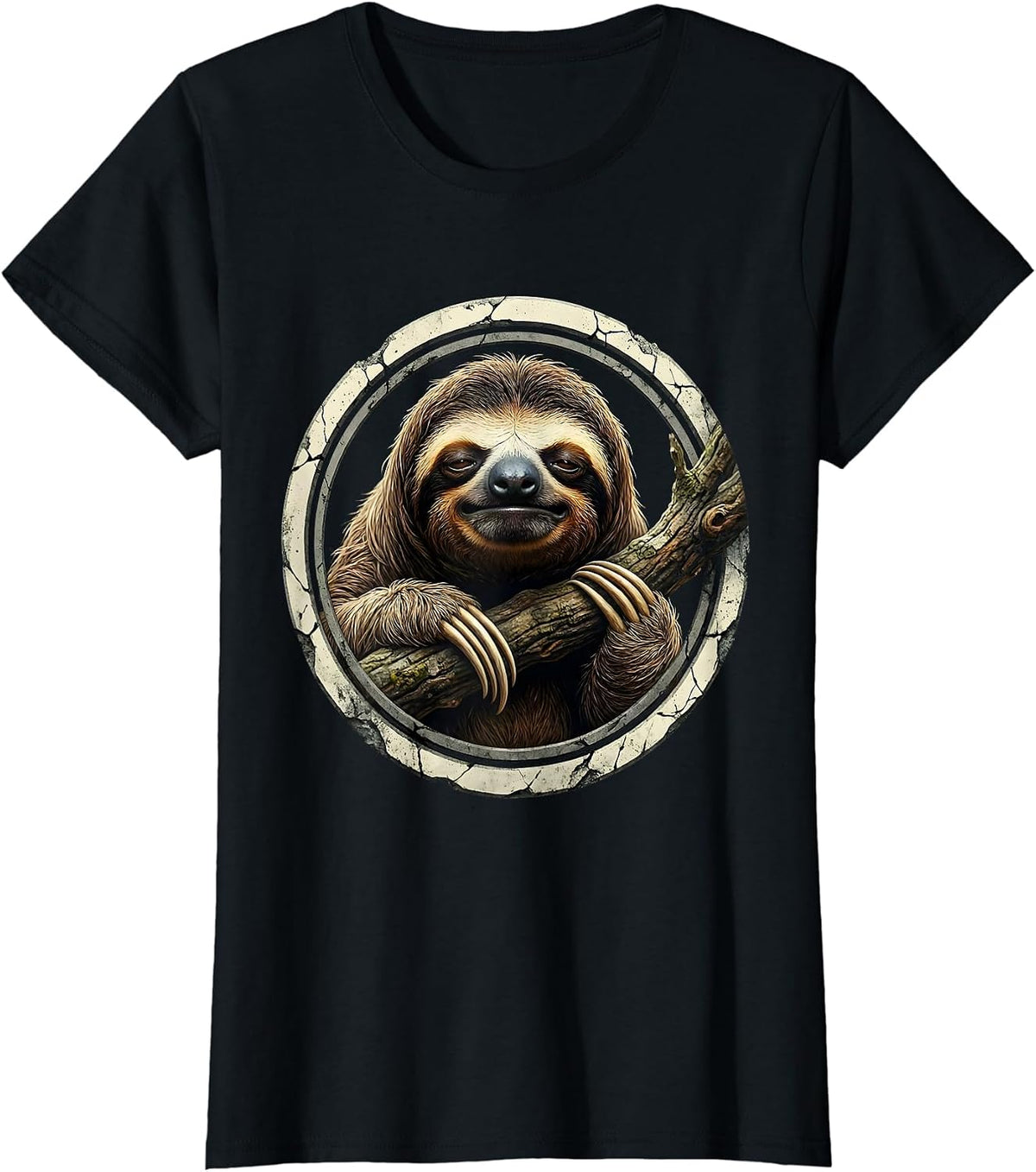 Tired Sloth Hanging From Branch Illustration T-Shirt - Black