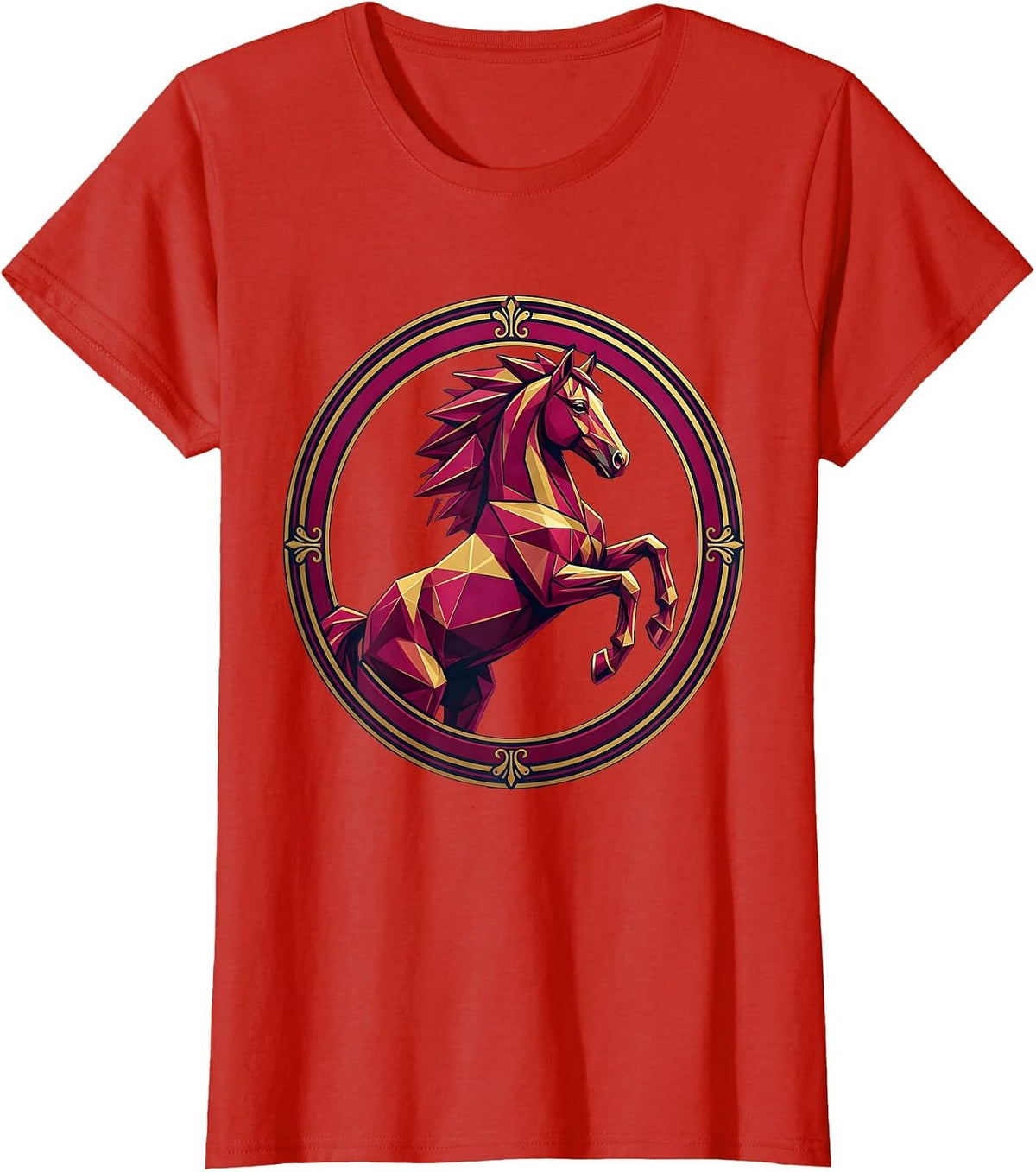 Women's Geometric Low-Poly Horse Bold Colors Design T-Shirt - Red