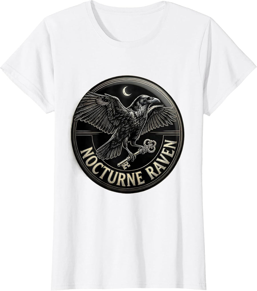 Women's Nocturne Raven Gothic Vintage Raven Lover Line Art T-Shirt - White