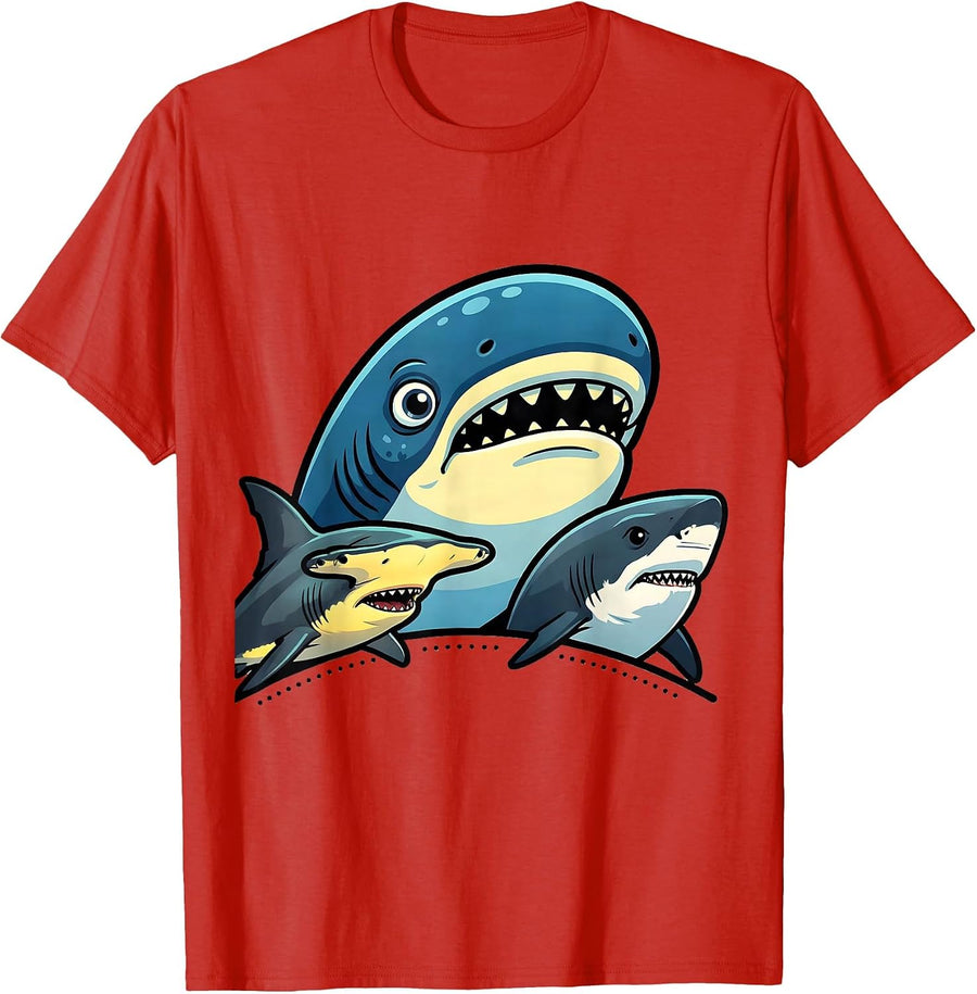 Men's Shark Heads Cartoon Whale Hammer Great White Animal Lover T-Shirt - Red