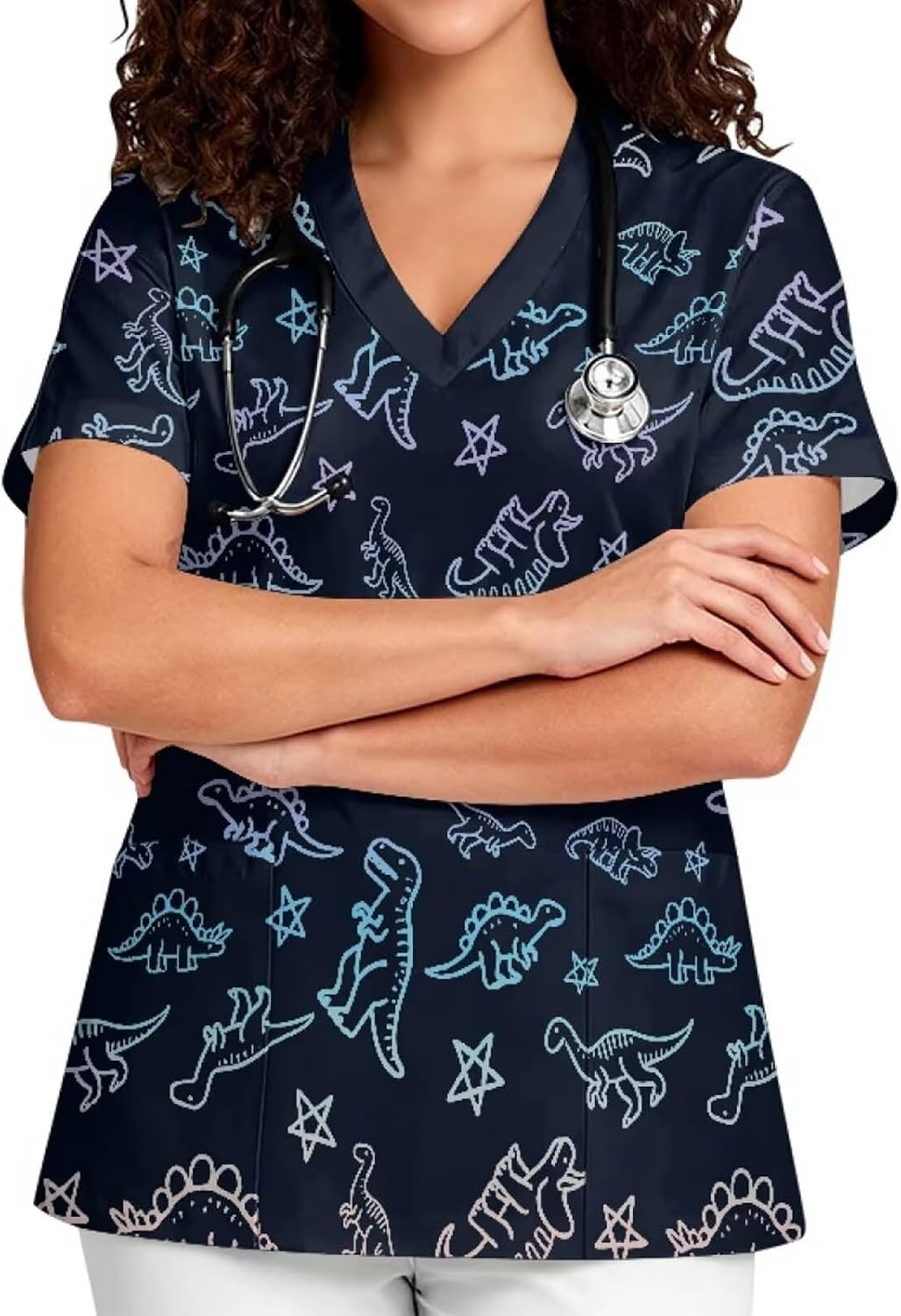 Printed Scrub Top for Women, V Neck Stretch Plus Size Work Uniform - Black - Cute Dinosaurs & Star Print
