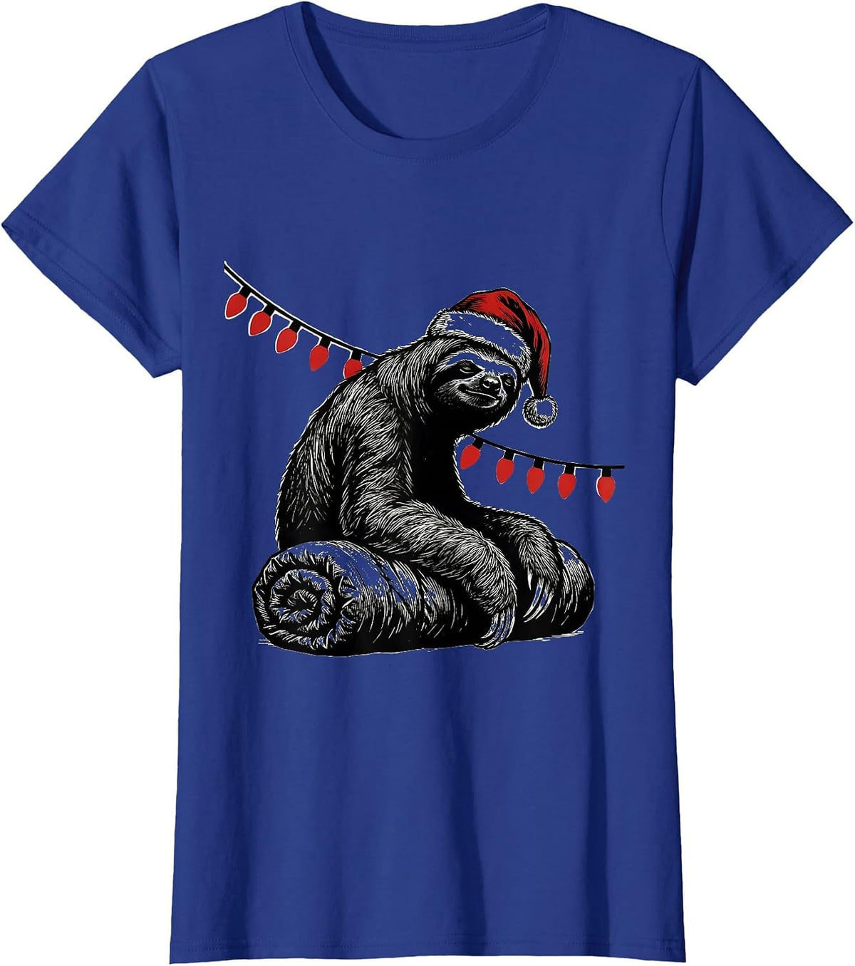 Women's Sloth Sleeping Bag Santa Hat Funny Christmas Lights T-Shirt - Royal Blue