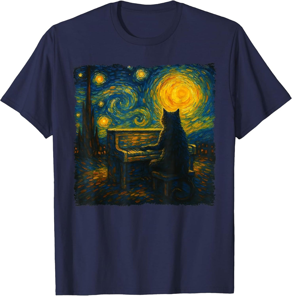 Funny Black Cat Playing Piano Starry Night Vincent Van Gogh T-Shirt - Navy Blue