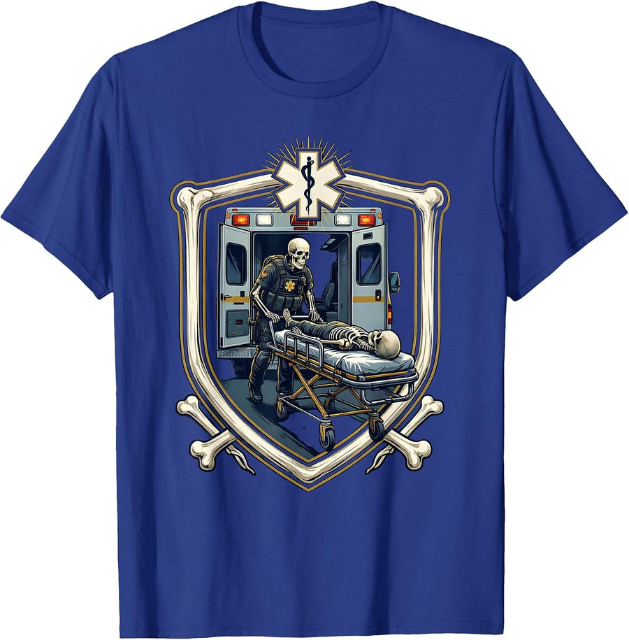 Skeleton Paramedic Ambulance Gurney Loading EMT T-Shirt - Royal Blue