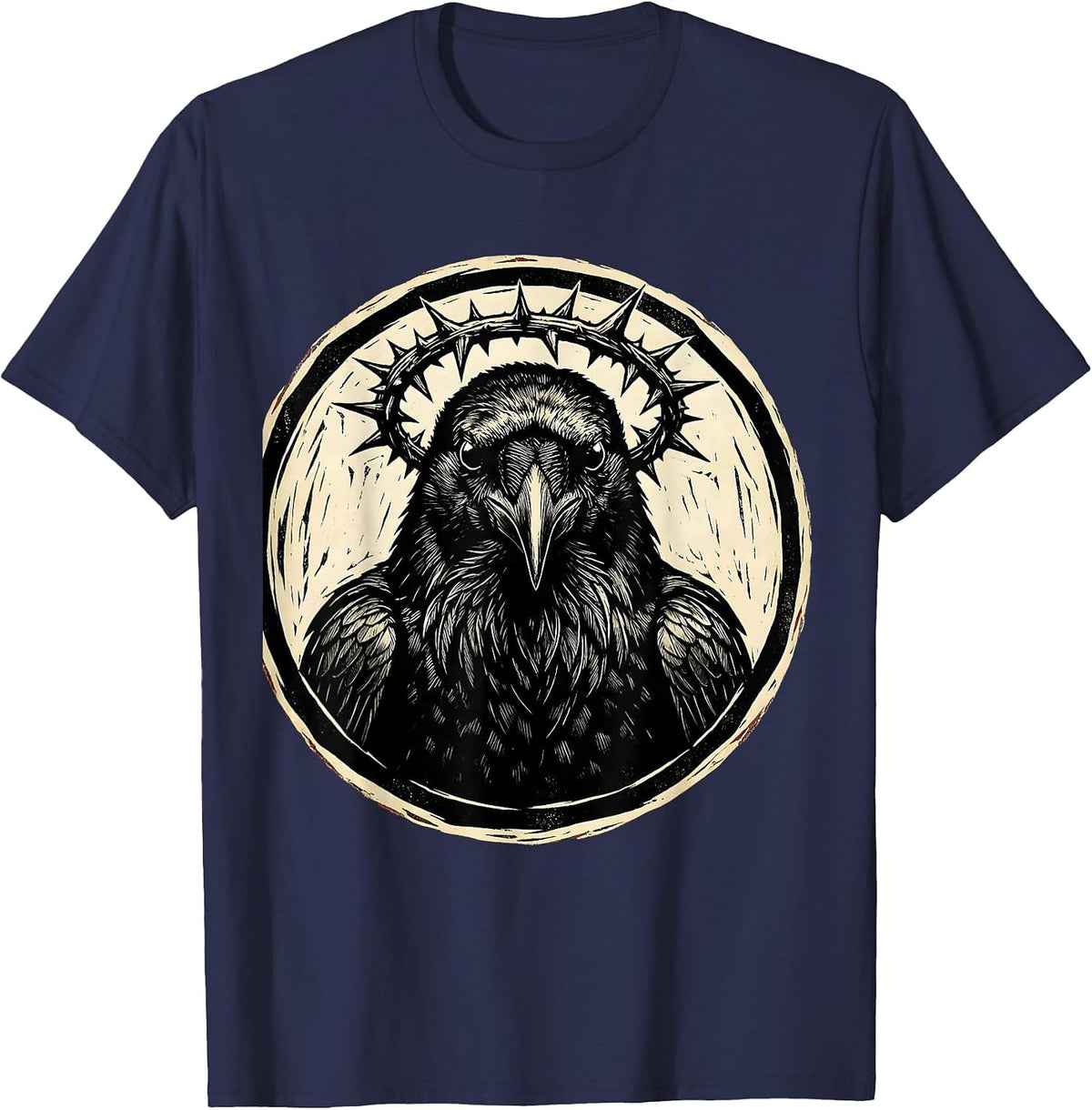 Men's Crow Wearing Crown of Thorns Illustration T-Shirt - Navy Blue