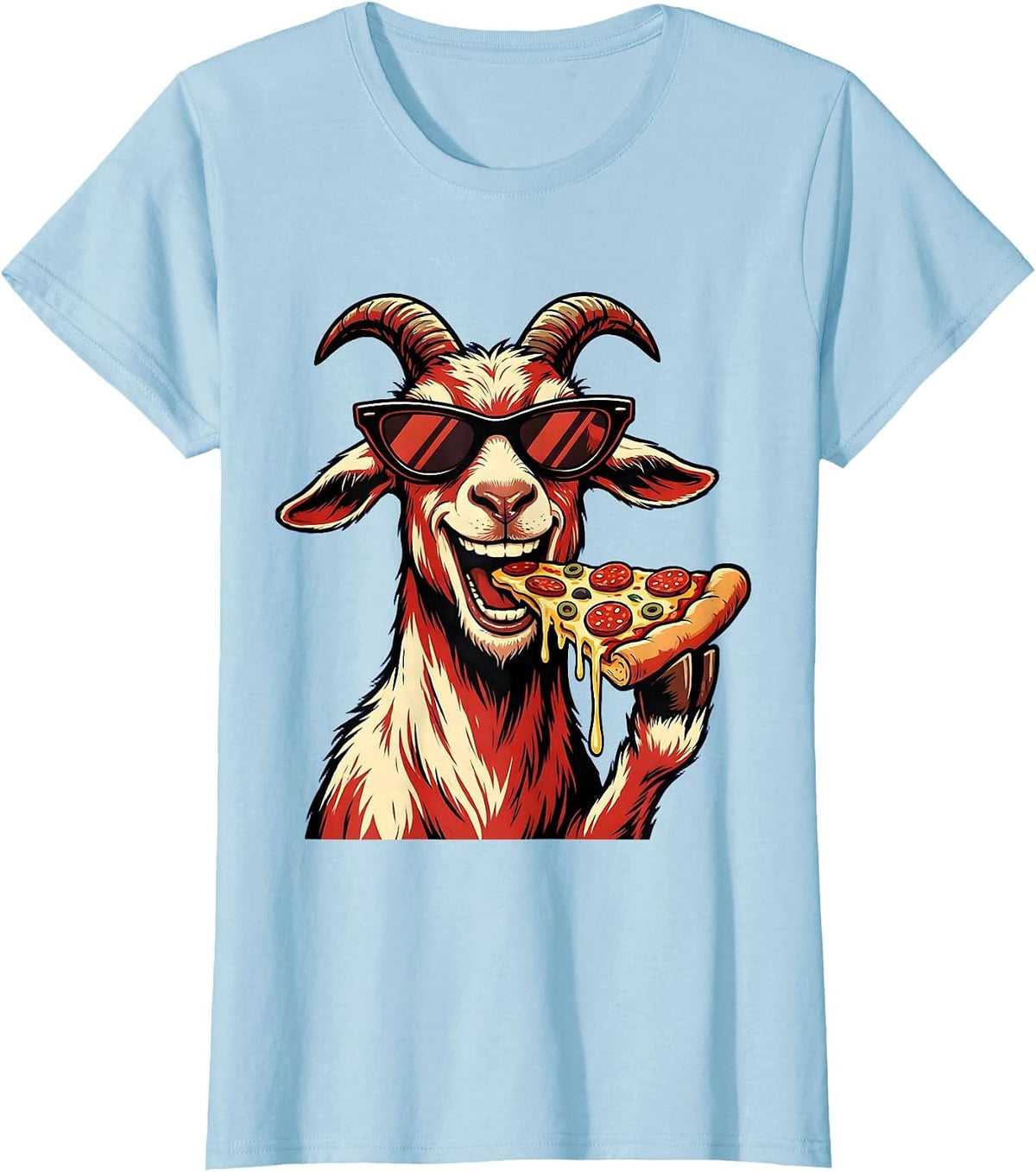 Cool Goat in Sunglasses Eating Pizza Funny T-Shirt - Baby Blue