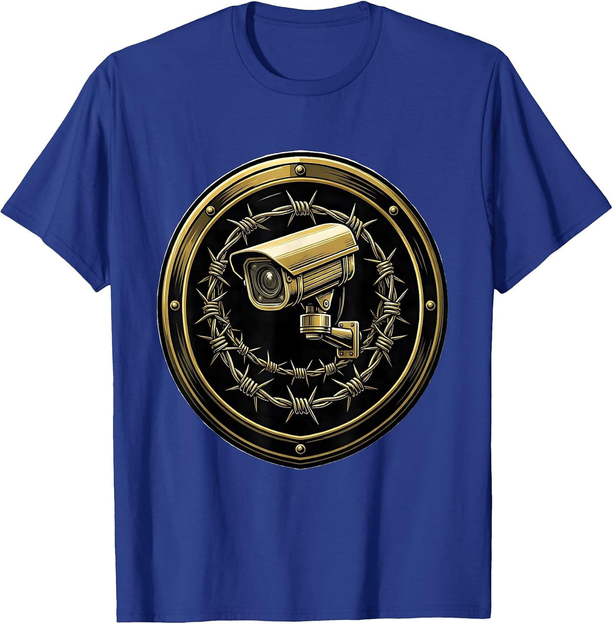 Surveillance Camera Barbed Wire Security Graphic T-Shirt - Royal Blue