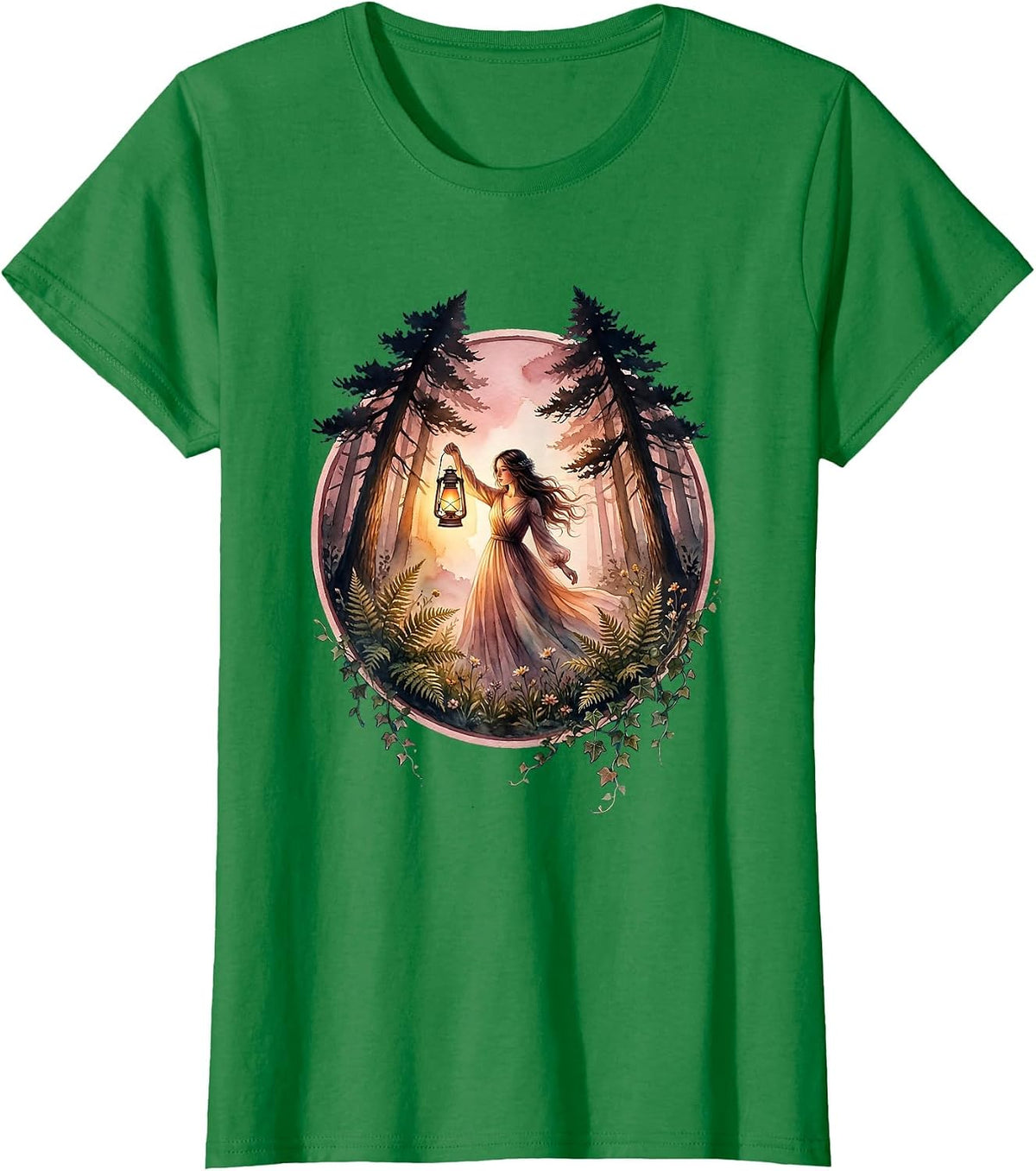 Be Kind Girl With Lantern in Deep Forest T-Shirt - Kelly Green