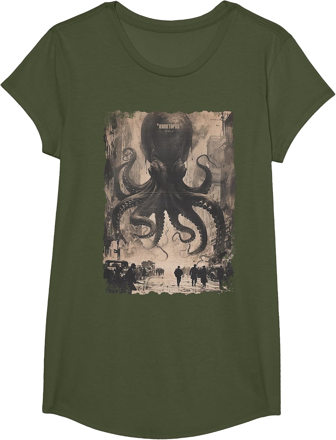 Y2K Streetwear Vintage Fashion Octopus Horror Monster Kraken T-Shirt - Girls Olive Green