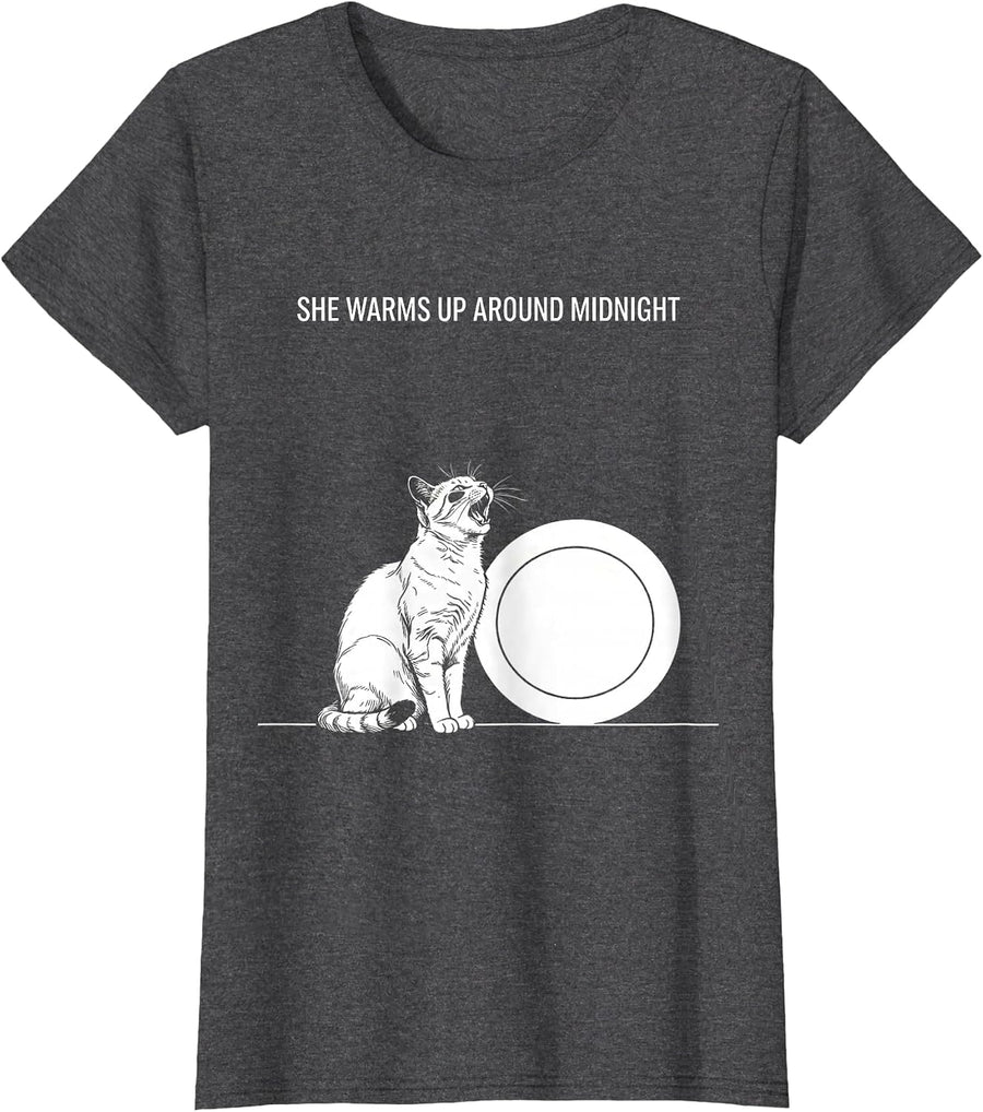 Women's She Warms Up Around Midnight Line Art Cat Howling at Moon T-Shirt - Dark Heather Grey