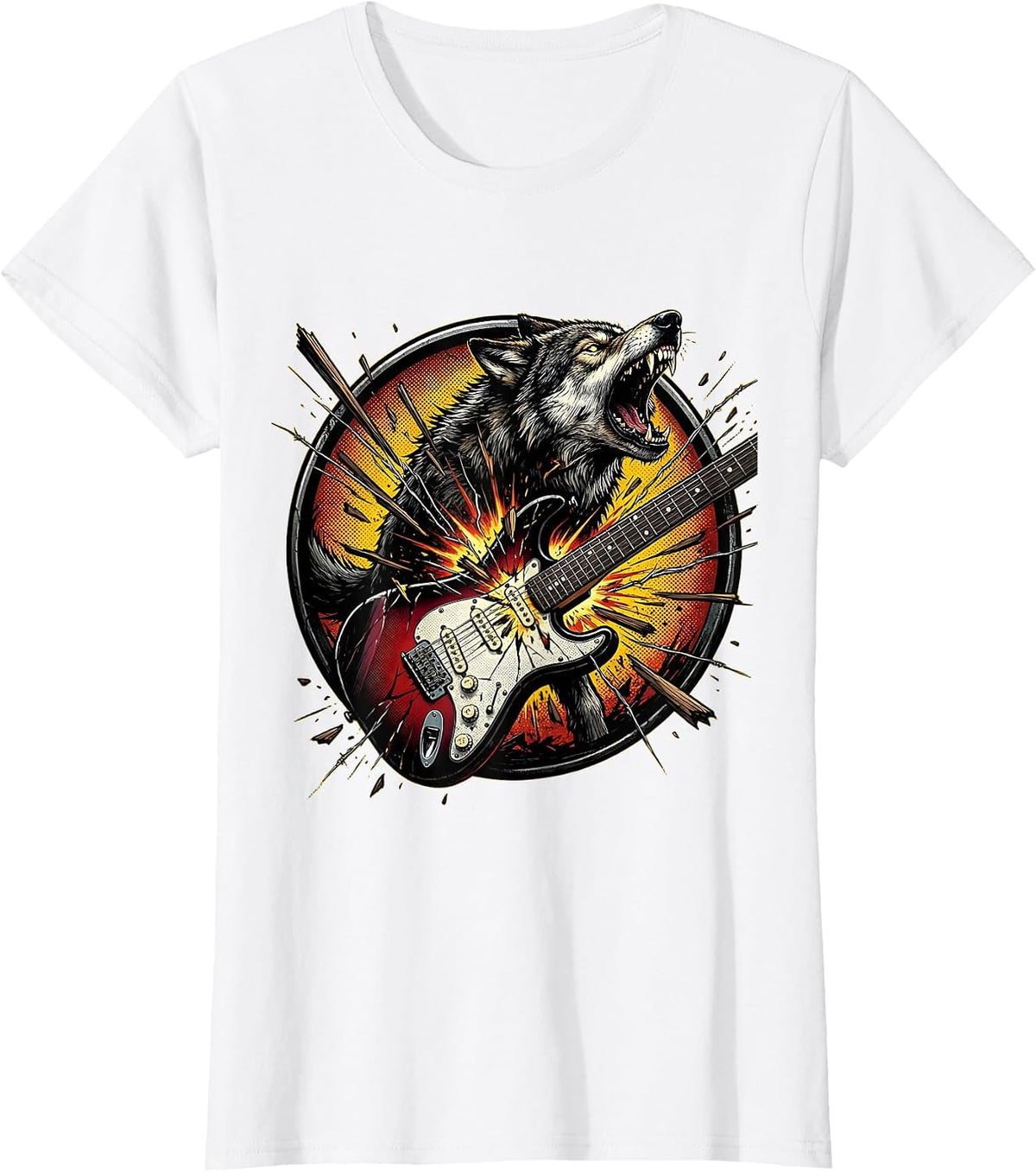 Wolf Howling Through Broken Guitar Classic Rock Art T-Shirt - White