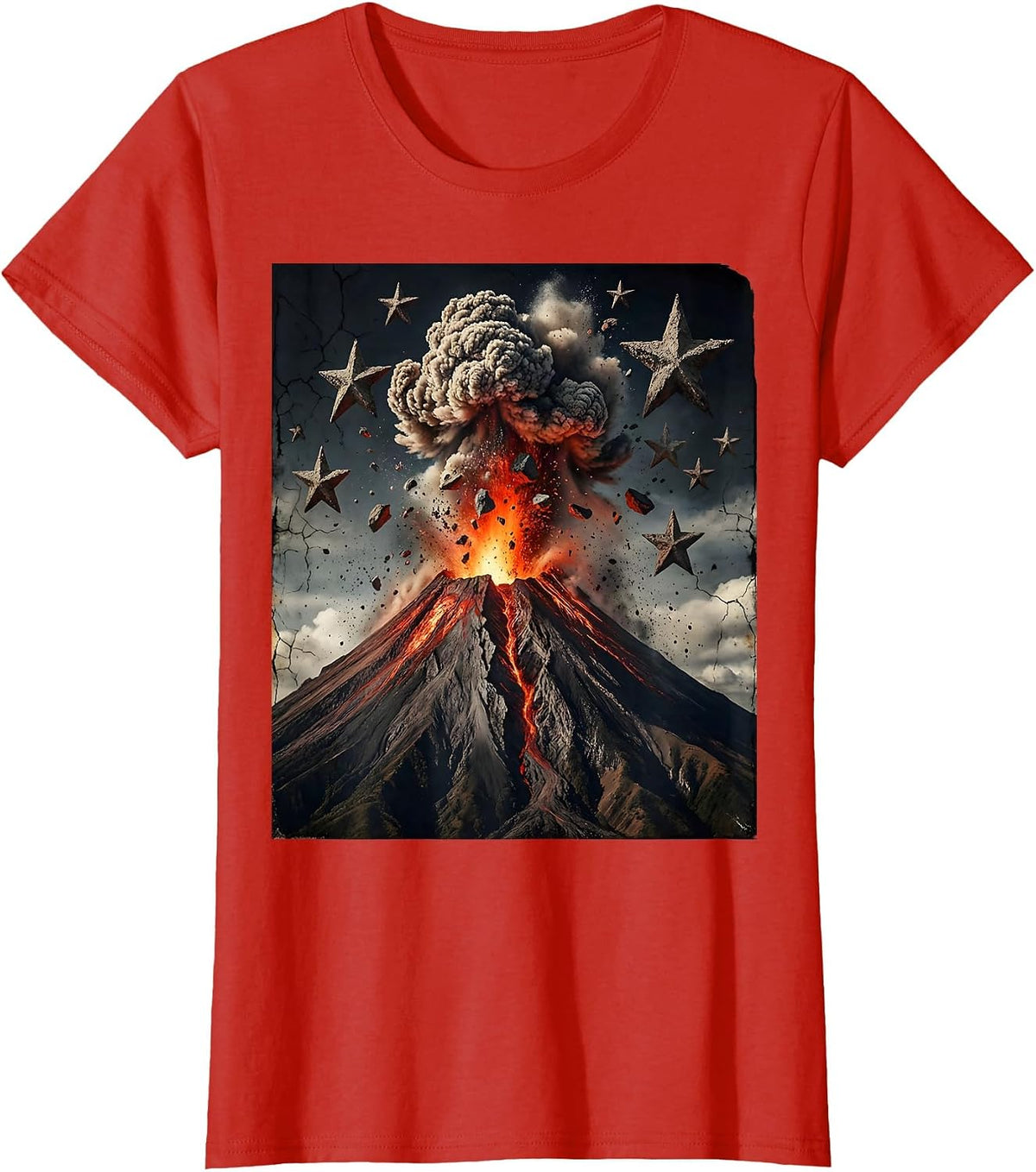 Red Volcano Erupting Under Starlit Sky Design T-Shirt - Red