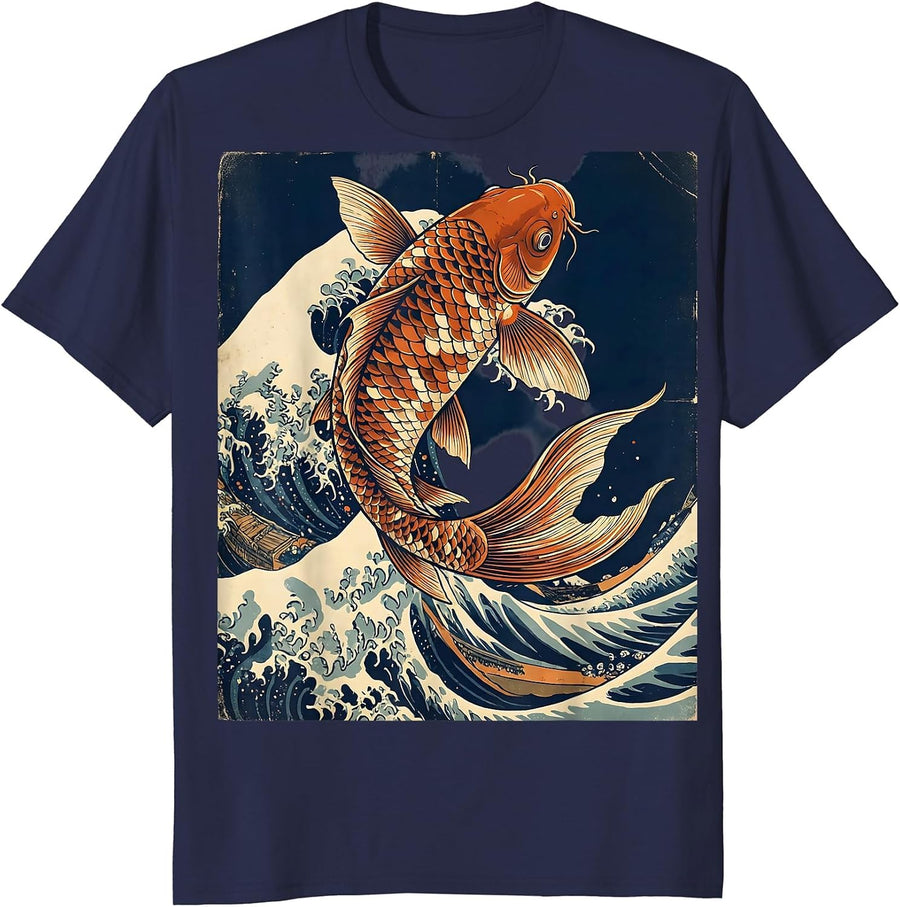 Koi Fish Leaping Through Crashing Wave T-Shirt - Navy Blue